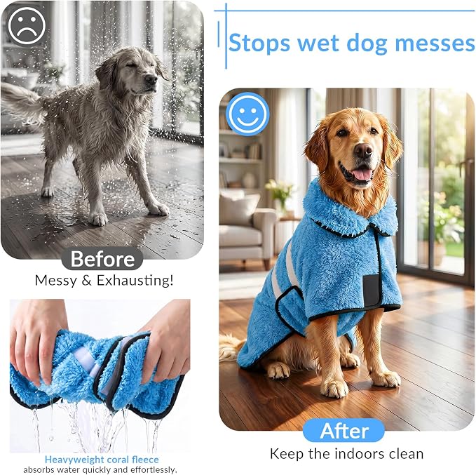 Bienbee Dog Bathrobe, Quick Drying Super Absorbent Pet Robes for Small Medium Large Dogs, Drying Coat for After Bath & Swim, Warm & Cozy Dogs Towels, Dog Puppy Bath Supplies, Light Blue S