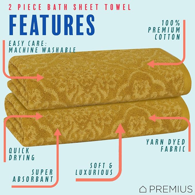 2 Pack Damask Hand Towel, Bath Towel, and Bath Sheet Towel, 100% Cotton Yarn Dyed, Lux Drying Experience, Great for Hands and Body, Perfect for Spa & Home Use (Gold, Bath Sheet)