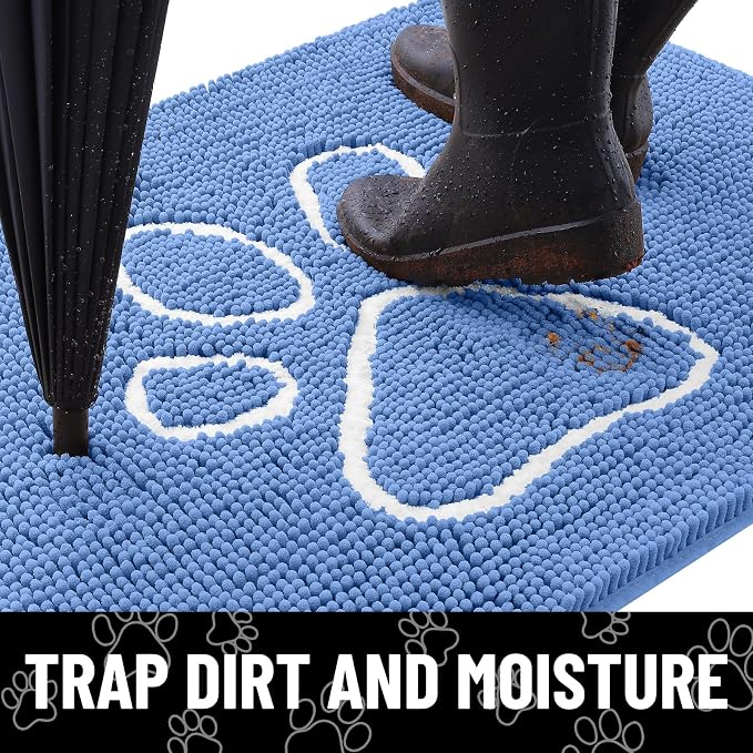 Smiry Dog Door Mat for Muddy Paws, Absorbent Dirt Trapper Non Slip Quick Dry Washable Chenille Mat for Mud Dogs, Entry Rug for Indoor and Outdoor (48x30 Inches, Cornflower Blue and White)