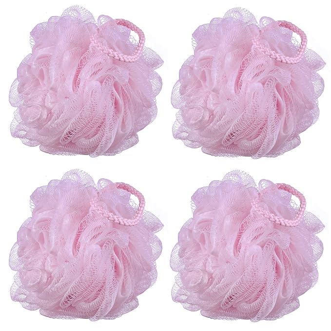 60g/pcs Pink Mesh Bath Sponge Shower Pouf Loofahs Shower Puff Pack of 4 (Pink)