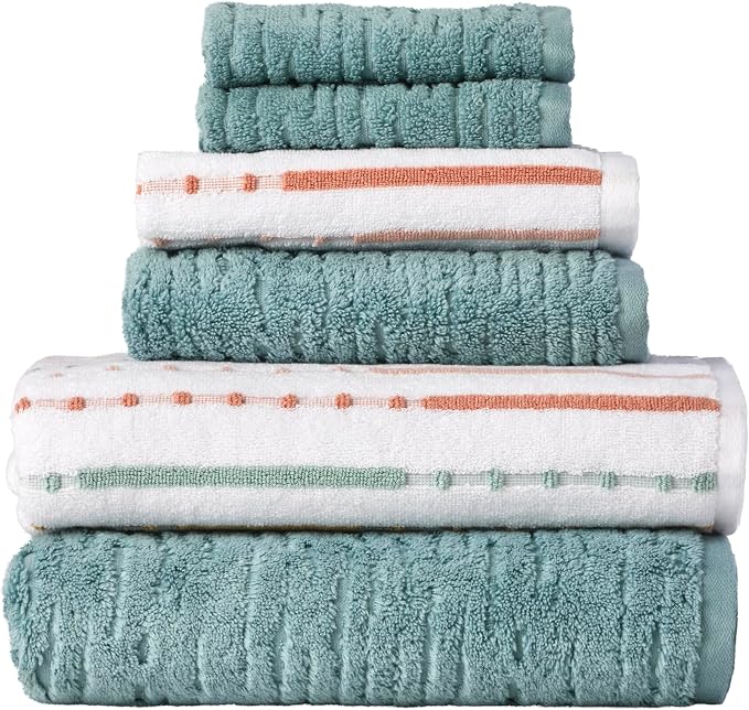 SKL Home CloudSoft/Modesto Stripe 100% Cotton Luxury 6-Piece Towel Set - 600 GSM, Ultra Plush & Absorbent, Reversible - 2 Bath Towels, 2 Hand Towels, 2 Washcloths, Teal/Multi