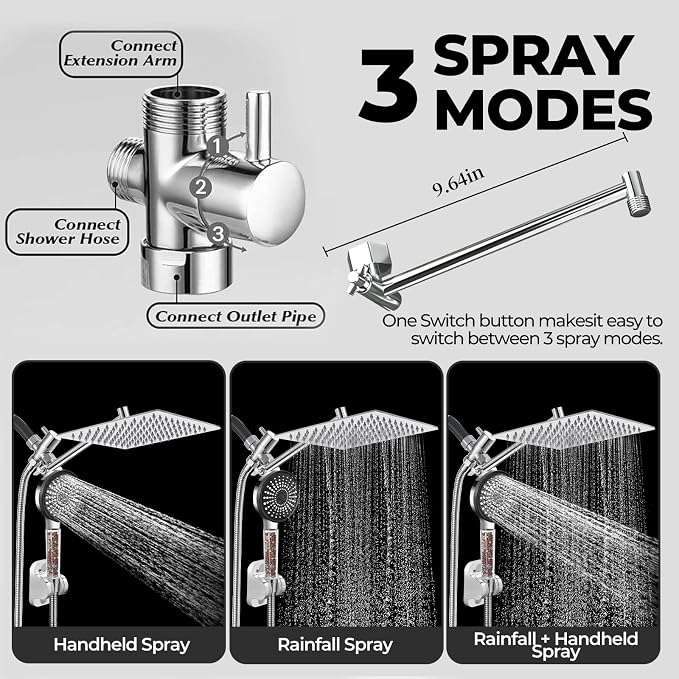 Filtered Shower Head,8 Inch Rain Shower Head with Handheld Spray Combo, Adjustable High Pressure Rainfall Shower Head, Dual Showerhead Set with Extension Arm and 60 Inch Long Shower Hose