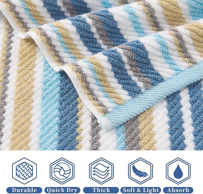 Blue Striped Hand Towels Set (4PC, 16"x27") - 100% Cotton | Quick Dry | Soft | Absorbent, Light Weight Hand Towels for Showering & Bathroom, Luxury Towel Set for Guest, Blue + Gray + Beige