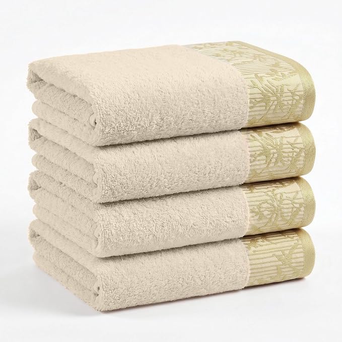 Superior Floral Jaquard Cotton Bath Towels, 4pc Body Towel Set, Ivory | Soft Absorbent Quick Dry Terry Weave, Machine Washable Breathable Premium Hotel Quality, Wisteria Towels, Large 4 Bath Towel