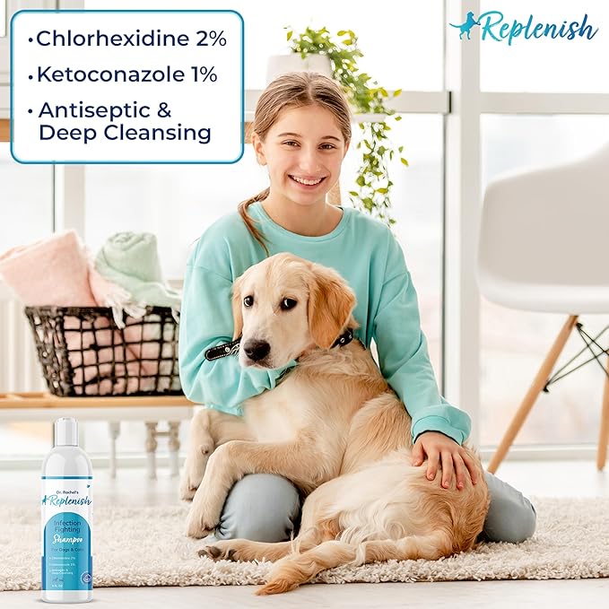 Replenish Anti Itch Dog Shampoo - Medicated Antiseptic Shampoo for Skin Irritation Treatment & Itchy Skin Relief - Dr. Rachel’s Chlorhexidine Dog Shampoo for Yeast with Cucumber Melon Scent - 8 oz