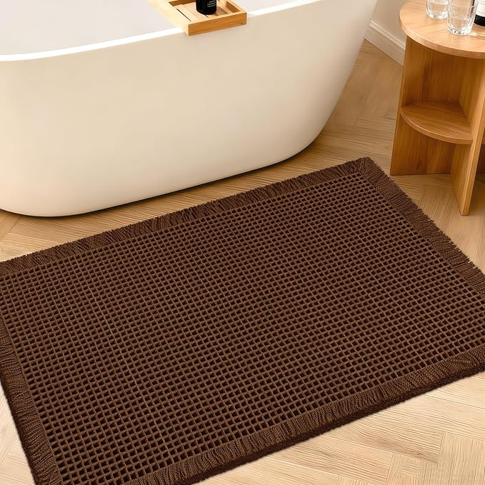 ACCUMTEK Upgraded Waffle Bath Mat, 36"x24" Brown, Super Absorbent Non-Slip Quick Dry Bathroom Rugs with Tassels, Machine Washable Ultra Soft Boho Bath Rugs for Floor, Toilet Mats Boho Farmhouse Decor
