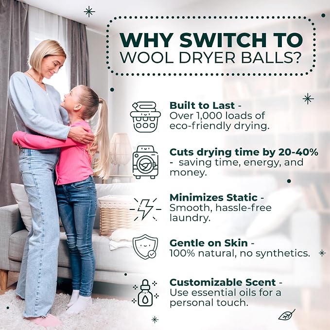 Chemical Free & Baby Safe! Reusable Wool Dryer Balls XL 6-Pack - Reduces Static, Cuts Dry Time, & Softens Naturally