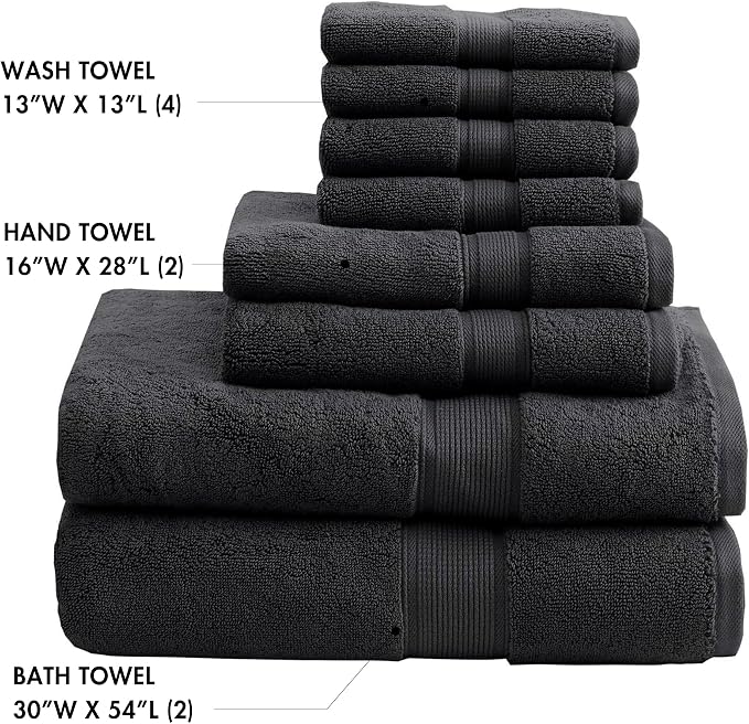 Madison Park 800GSM Bathroom Towel Set of 8 100% Cotton Bath Towel Set for Bathroom Luxurious Highly Absorbent 2 Bath Towels 2 Hand Towels 4 Washcloths Quick Dry Spa Quality Black
