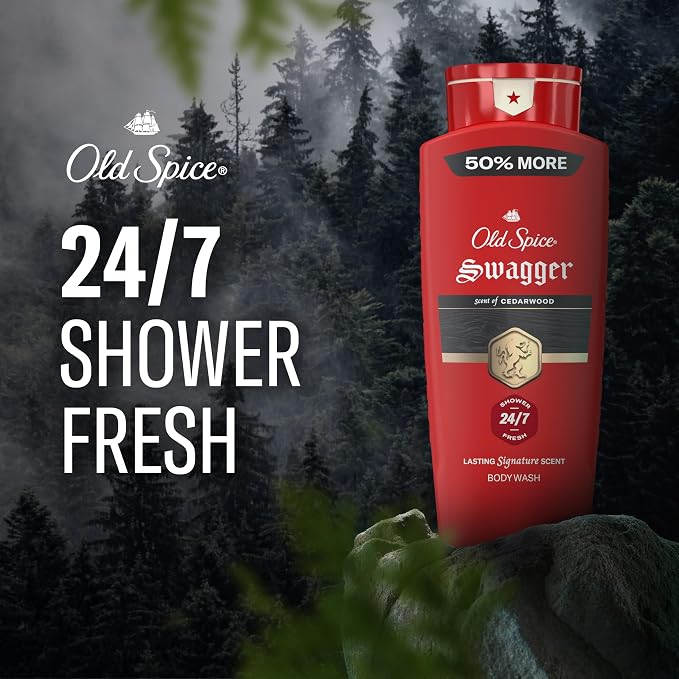 Old Spice Refreshing Body Wash for Men, 3X Defense, 24/7 Shower Fresh with Long Lasting Scent, Red Collection, Swagger with Cedarwood Scent, 24 oz (Pack of 4)