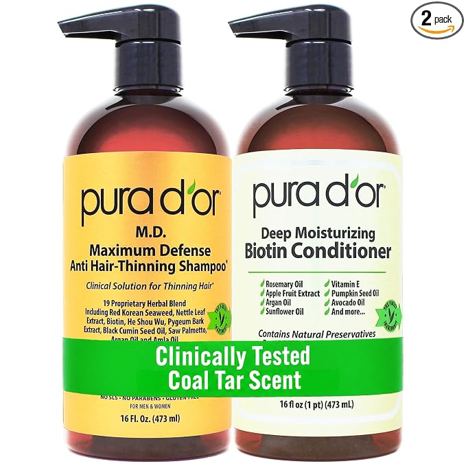 PURA D'OR MD Anti-Thinning Biotin Shampoo & Hair Regrowth Conditioner Set, Maximum Defense Herbal Blend Hair Thickening Products For Women & Men, For Scalp Health, Strong Coal-Tar Scented, 16oz x2