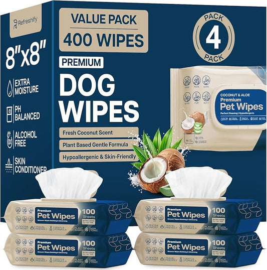REFRESHIFY Dog Wipes for Paws and Butt - Coconut Scented (Pack of 400) - Pet Wipes for Dogs and Cats - Deodorizing Non Toxic Dog Wipes, +12 Additional Travel Wipes