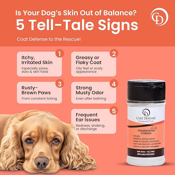 COAT DEFENSE Daily Preventative Powder | Made in USA | 3.5oz Waterless Dog Shampoo & Pet Deodorizer for Smelly Dogs | Provides Anti Itch Relief | Dog Dry Shampoo for Dry Itchy Skin