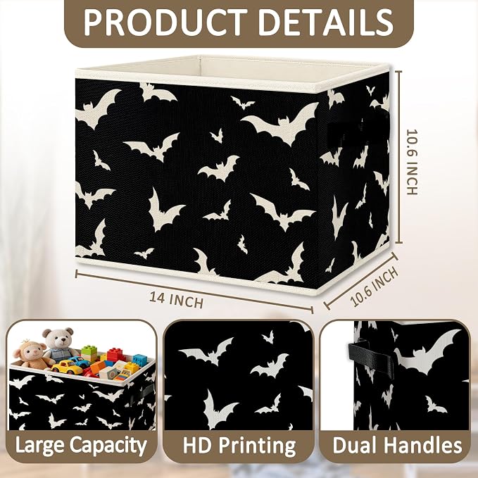 Black and White Bat Foldable Storage Bins Box with Handles, Bat Gifts for Women, Dark Bats Collapsible Organizer Basket for Boys Bedroom Bathroom Clothes Toys Books