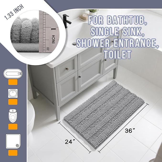 Yimobra Bathroom Rug Mat 36 x 24, Non Slip and Super Absorbent Bath Mat,Machine Washable Quick Dry,Ultra Plush Chenille Shower Rugs for Bathroom Floor Sink Tub and Shower Outside,Gray