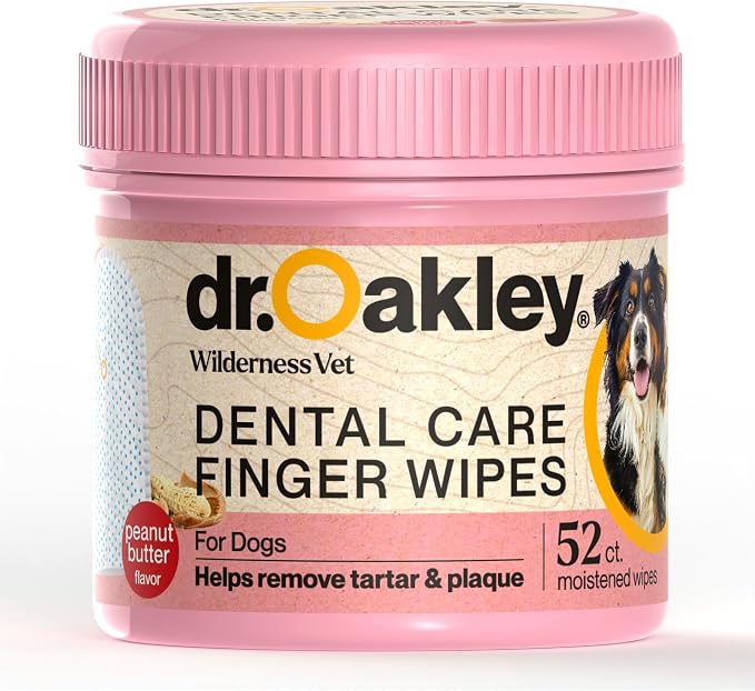 Dr. Oakley Dog Dental Wipes Finger Dental Care - Peanut Butter Flavor | Teeth Cleaner, Plaque Remover