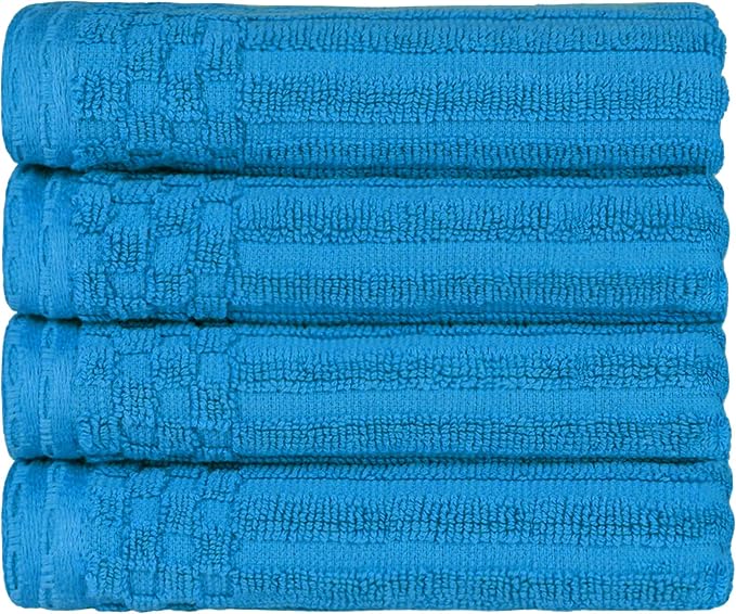 Superior Cotton 4-Piece Solid and Ribbed Hand Towel Set, Hand Towels- 16" x 28", Azure