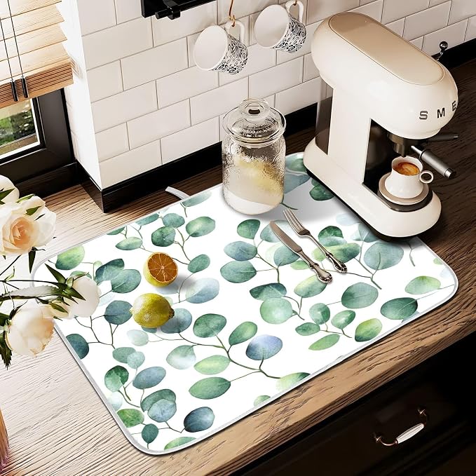 Eucalyptus Leaf Morandi Dish Drying Mats for Kitchen Counter Small Drying Mat for Dishes Microfiber Dish Rack Mat Drainer Pad Washable Foldable Ultra Absorbent Dry Mat 18"x16"