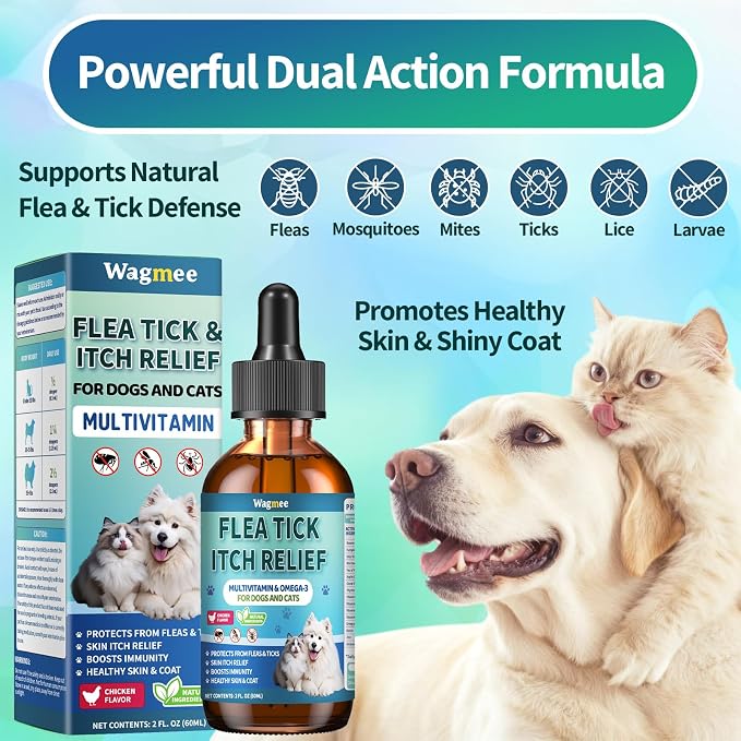 Flea and Tick Prevention for Dog and Cat, Natural Oral Flea & Tick Itch Relief Support Drops with Multivitamin for Pets - Supports Healthy Skin & Coat - Oral Supplement for All Breeds & Ages - Chicken