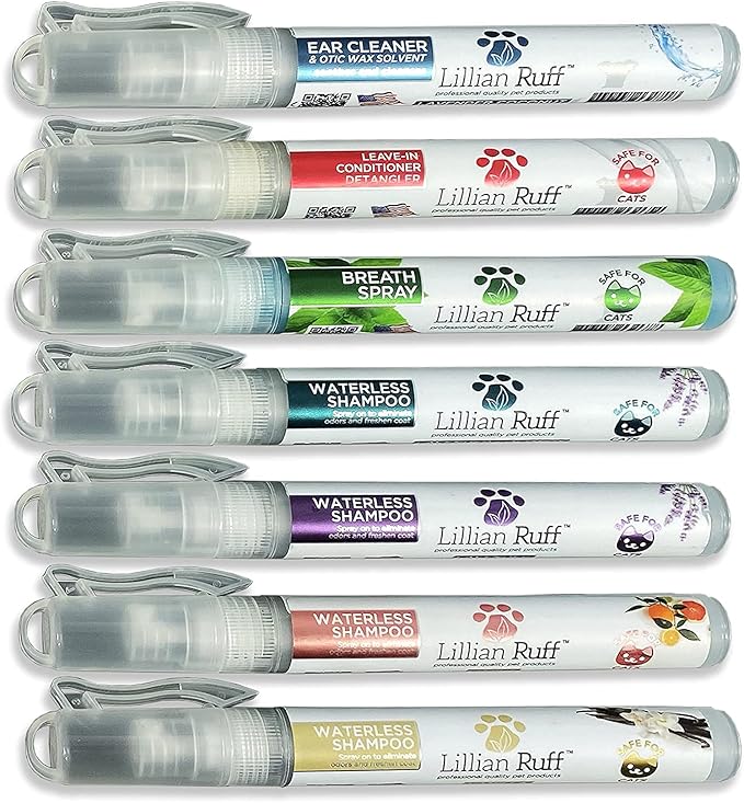 Lillian Ruff Travel Kit for Dogs | Dog Grooming Spray for Airline Travel, Camping, Beach | Deodorizing Waterless Dog Shampoo x4, Breath Freshener, Detangler Spray, Ear Cleaner