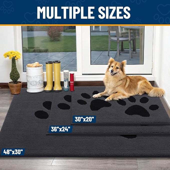 Smiry Dog Door Mat for Muddy Paws, Absorbs Moisture and Dirt, Low-Profile Entryway Mat with Non-Slip Backing, Entry Indoor Outdoor Doormat for Inside Floor (30x20 Inches, Black, Paw)