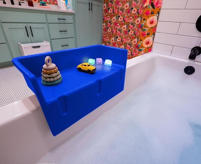 Tub Topper Mini Bathtub Splash Guard & Bath Shelf for Kids - Toy Tray, Blue | Toddler Storage Ledge, Patented Lip Design, Non-Silicone, BPA-Free, Easy to Remove & Clean, Made in USA