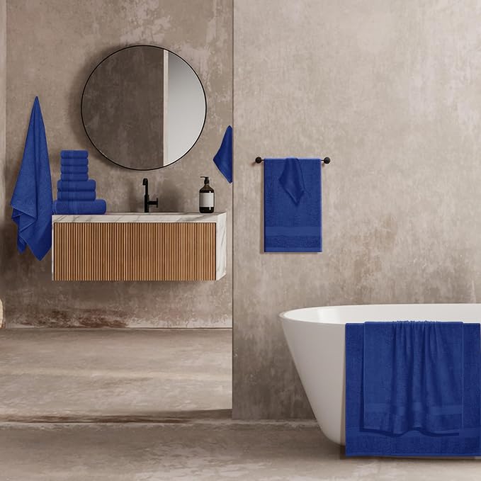 BOUTIQUO 24 Pack Cotton Towel Set, Contains 6 Bath Towels 27x54 inch, 6 Hand Towels 16x24 inch & 12 Wash Coths 12x12 inch, Ideal Everyday use, Ultra Soft Compact & Lightweight - Navy Blue