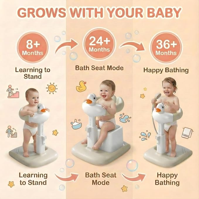Baby Bath Stand with Built-in Seat - Duck Design - Anti-Slip Base - Baby Shower Stand for Sitting or Standing (White Beige)