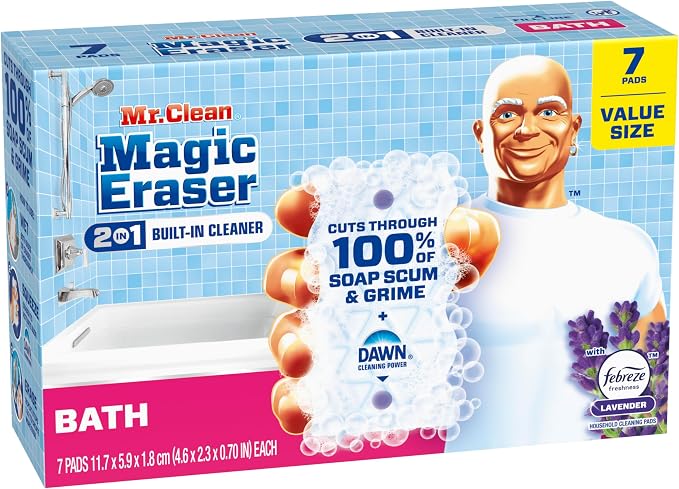 Mr. Clean Magic Eraser Sponge, Bathroom, Shower & Tub Cleaner, Soap Scum Remover, Bathroom Cleaning Supplies, Dawn Cleaning Power with Febreze Lavender Scent, 2 in 1 Bath, 7ct (Pack of 4)