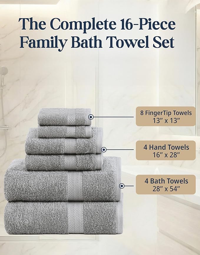 LANE LINEN 100% Cotton Turkish Towel Set for Bathroom - 16 Piece - Super Soft, Quick Dry & Highly Absorbent - 4 Bath, 8 Wash Cloths, 4 Hand Towels - Hotel Quality, Durable & Oeko-TEX Certified - Grey