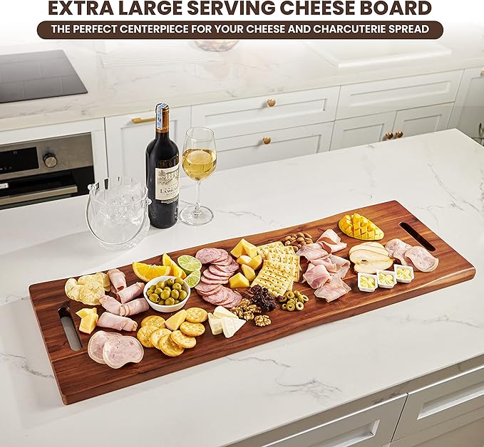 TIDITA 36" Large Acacia Wood Charcuterie Board with Handles - Extra Long Wooden Serving Cheese Boards - Rectangular Serving Platter for Meat Steak, Cracker Appetizers, Fruit Decorative Display Party