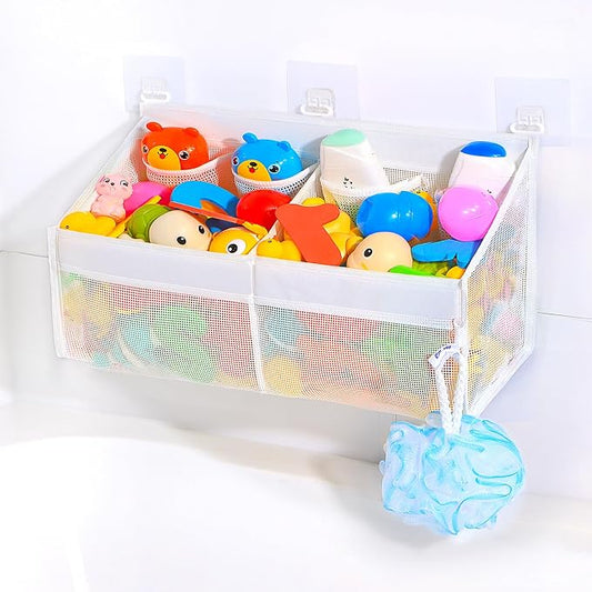 KPH Corner Bath Toy Organizer - Space-Saving 2-Compartment Bath Toy Storage, Mesh Bathroom Toy Holder for Kids, Durable Bathtub Organizer with Drain Holes