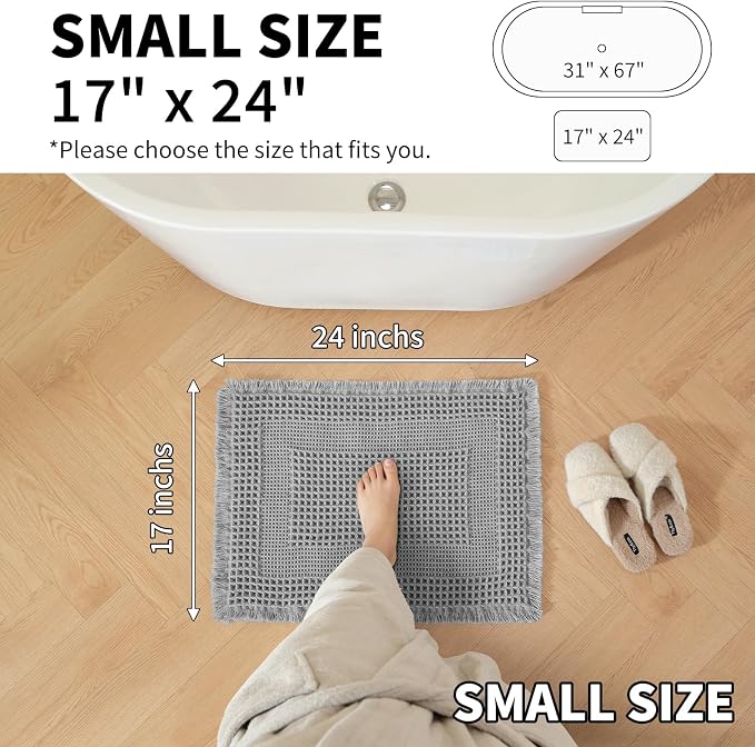 Waffle Bath Mat - Super Water Absorbing Bath Mat Quick Dry, Bathroom Rugs Non Slip Washable with Tassels, Rubber Backed Bathroom Mat for Bathroom Floor, Tub and Shower, 17" x 24", Light Grey