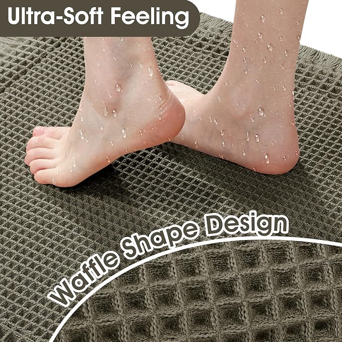 Extra Large Waffle Bath Mat, 5'x2' Greyish Green-Bordered, Super Absorbent Non-Slip Quick Dry Bathroom Rugs with Tassels, Machine Washable Ultra Soft Boho Bath Rugs, Toilet Mats Boho Farmhouse Decor