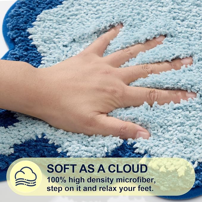 ORTIGIA Cute Blue Coquette Bow Bath Mat, Fun Plush Microfiber Scallop Bathroom Rugs Non Slip Washable Quick Dry Absorbent, Bath Rug Carpet for Shower Stall Vanities Kitchen Floor Entrance, 20x32