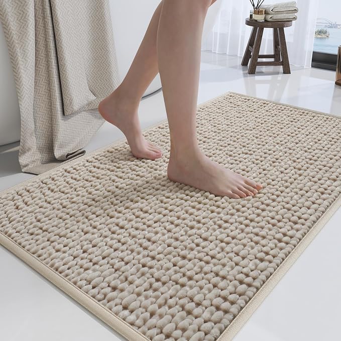 24x36 Extra Soft Chenille Bathroom Rugs - Non Slip Quick Dry Absorbent & Washable Bath Mat, Thin Low Profile Fit Under Door, Shower Mat for Outside Shower - Brown