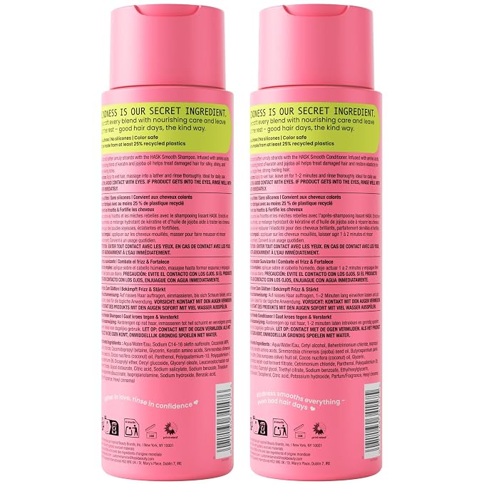 HASK Smooth + Keratin Shampoo + Conditioner Set | with Jojoba Oil for Frizzy, Unruly Hair | 16oz each, 2 Pack