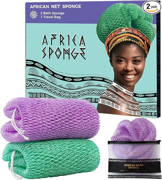 Authentic African Net Sponge 2 Pieces - Back Scrubber for Body - Seawave & Lilac Exfoliating Washcloth with Knots for Shower - Shower Exfoliator for Women Self Care Body Loofah Bath Essentials