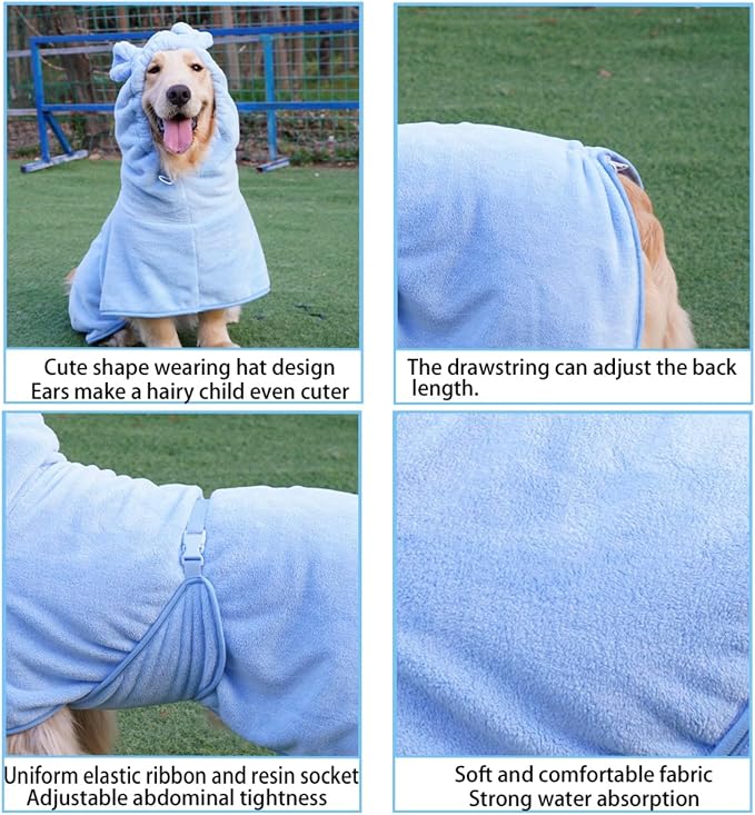 Dog Bathrobe Towel, Cat Bathrobe Microfiber Fast Drying Absorbent Hooded Bath Towel for Puppy Small Medium Large Dog Cat(Blue,L)