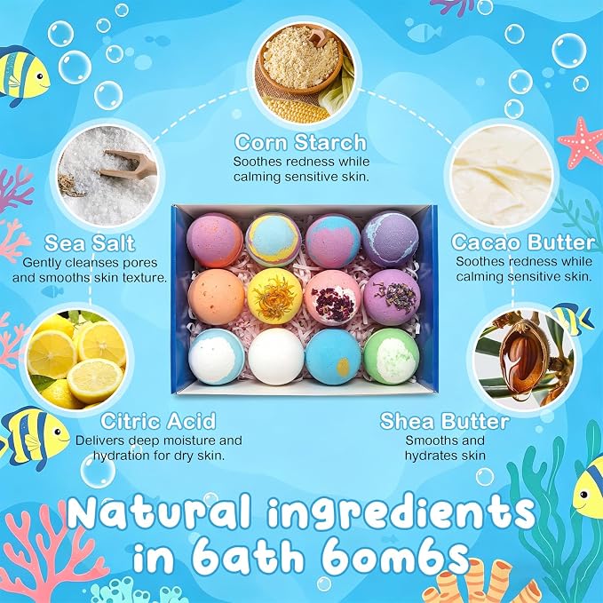 Bath Bombs with Toys Inside, 12pcs Ocean Toy Bath Salt Ball for Kids with Surprise (Sea Animal)