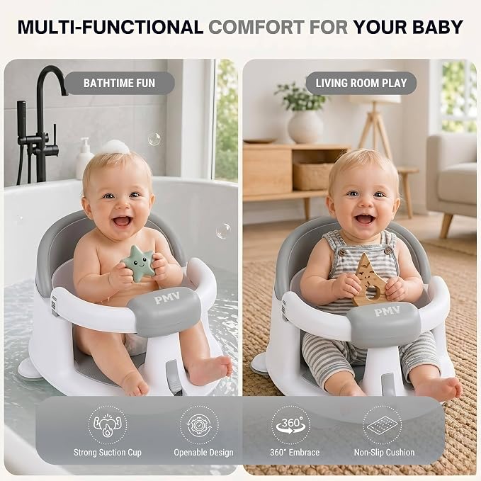 PMV Baby Bath Seat for Sitting Babies, Non-Slip Baby Bath Chair with 3 Suction Cups, Safe & Comfortable Toddler Bath Support Seat for Bath/Shower Use, Stable Design, Gray (6–24 Months) (Gray)