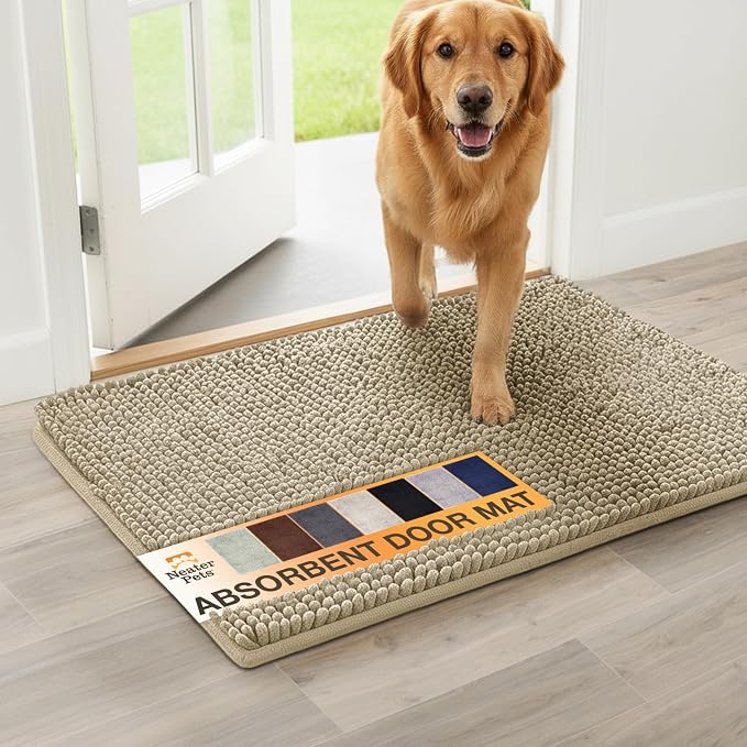 Neater Pets Muddy Paws Dog Door Mat 36” x 24” – Super Absorbent & Quick-Dry Chenille Doormat for Trapping Dirt, Water, Mud - Non-Slip & Machine Washable Pet Rugs for Entryway, Indoor Mud Mats, Tan