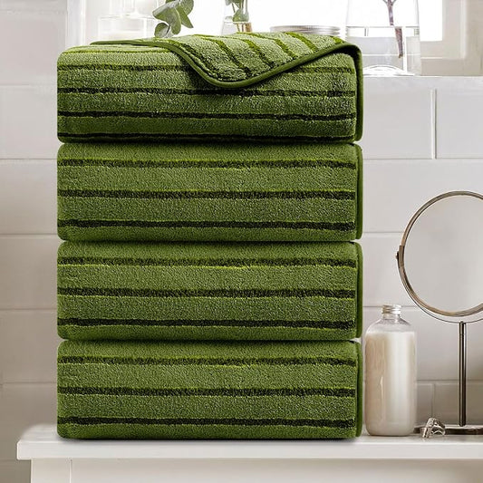 4 Pcs Army Green Cabana Stripe Large Bath Towels 35"x70" Oversized Bath Sheet Soft Breathable Jumbo Bathroom Towels Highly Absorbent Shower Towel Quick Dry Beach Chair Towel Spa Gym Hotel Towel Set