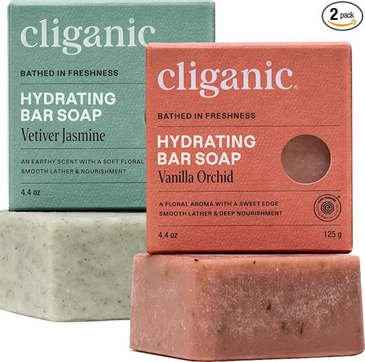 Cliganic Hydrating Bar Soap -Body Soap For Men & Women with 98% Natural Ingredients Cleanses, Moisturizes & Nourishes, Leaves Skin Soft - Vetiver Jasmine & Vanilla Orchid Scents (2 Pack)