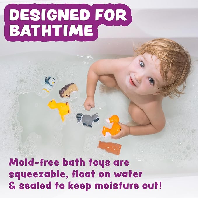 Tub Works® Woodland Animals Watertight Baby Bath Toys, 6 Pack | Sealed, No Hole Bath Toys Design Keeps Moisture Out | Soft, Squeezable & Float on Water | Easy-Grip Toddler Bath Toy Set for Kids Bath