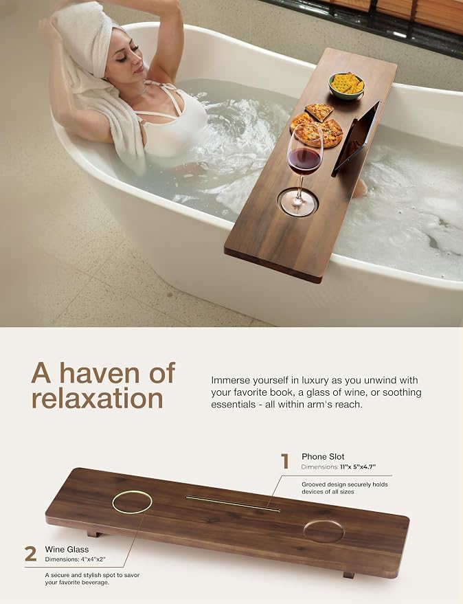 Tinamo 35”L Wooden Bathtub Tray, Bathtub Caddy Tray For Tub with Tablet Slot & Wine Holder - Acacia Bath Tray For Tub, Bath Table - Bathtub Tray Table with Adjustable Legs (Walnut color, 35"x 9"x2.5") | Acacia Wood, 35" x 9" x 2.5", Adjustable Width, B...