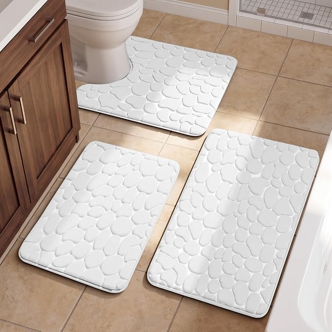 YIHOUSE Bathroom Rugs Mat Set, Memory Foam Bath Mat 3 Piece White | U Shape+Small Mat, Non Slip, Water Absorbent, Washable, Bath Mat For Bathroom, Sink and Toilet
