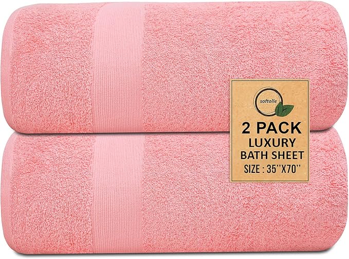 100% Cotton Luxury Bath Sheets - Pack of 2 (35" x 70") | Super Soft, Quick-Dry & Highly Absorbent Towels for Bathroom, Home, Spa & Gym (Pink)