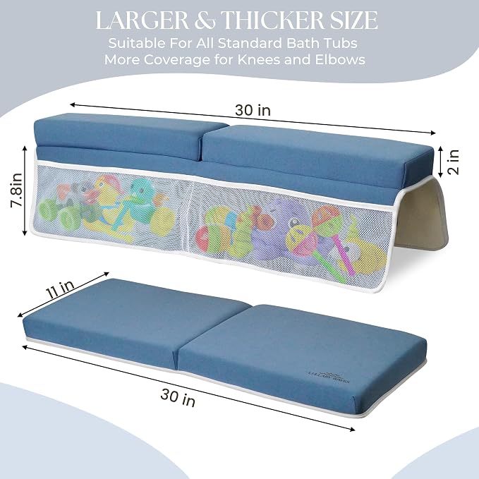 Baby Bath Kneeler and Elbow Rest Pad Set -2 Inch Thick Comfortable Non-Slip 30" Extra Long Bath Kneeling Pad with Toy Organizer Pockets - Soft Machine Washable XL Memory Foam Bathing Support Cushion