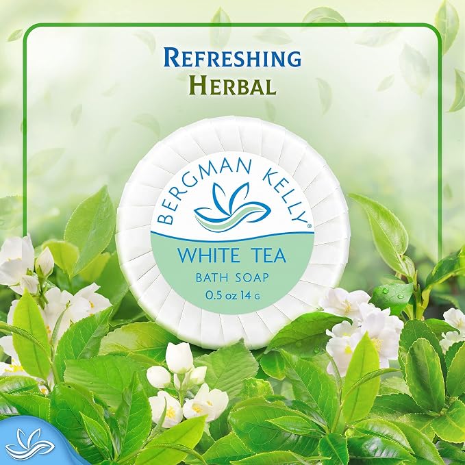 BERGMAN KELLY Luxury Travel Size Round Soap Bulk, White Tea, 0.5 oz, 100 PK | Bergman Kelly Guest Size: Individually wrapped 1.9" diameter bars. Rich lather, ideal for Airbnbs, travel, and care packages.