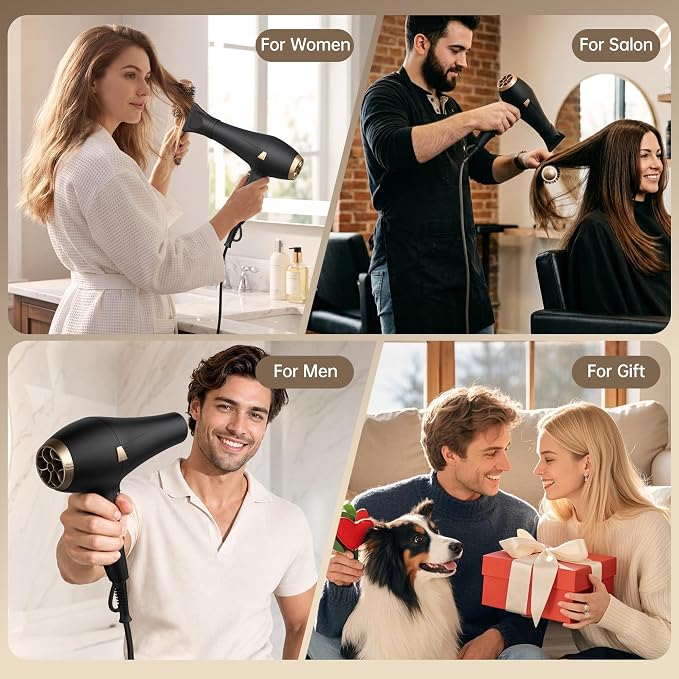 CONFU Hair Dryer Professional Hairdryer - Ionic Blow Dryer 5X Fast Drying | 1875 watt AC motor, 3 heat 2 speed 1 cold button, Blowdryers with comb, diffuser for long thick, curly hair, Low noise, Salon
